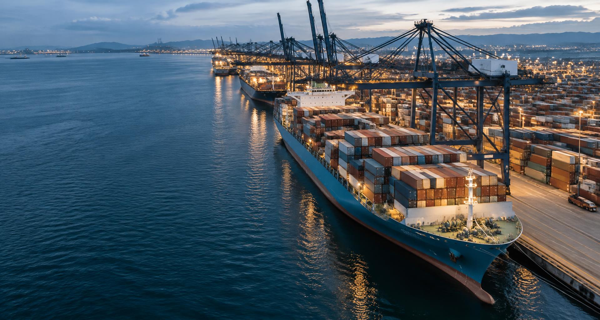 Container vessel and cranes at an international shipping port